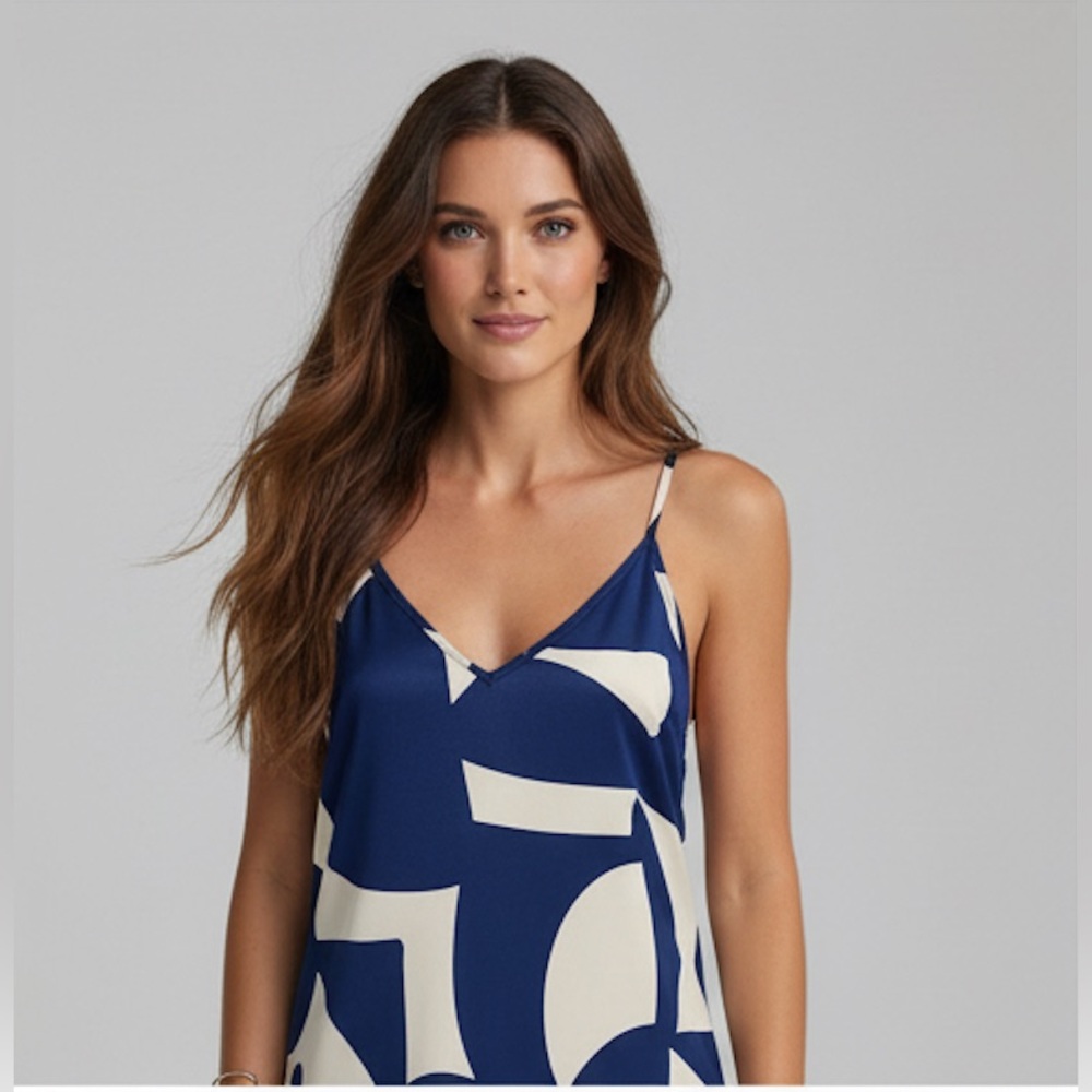 Navy Blue & White Abstract Geometric Maxi Dress | Open Back Beaded Strap - Picture 3 of 12